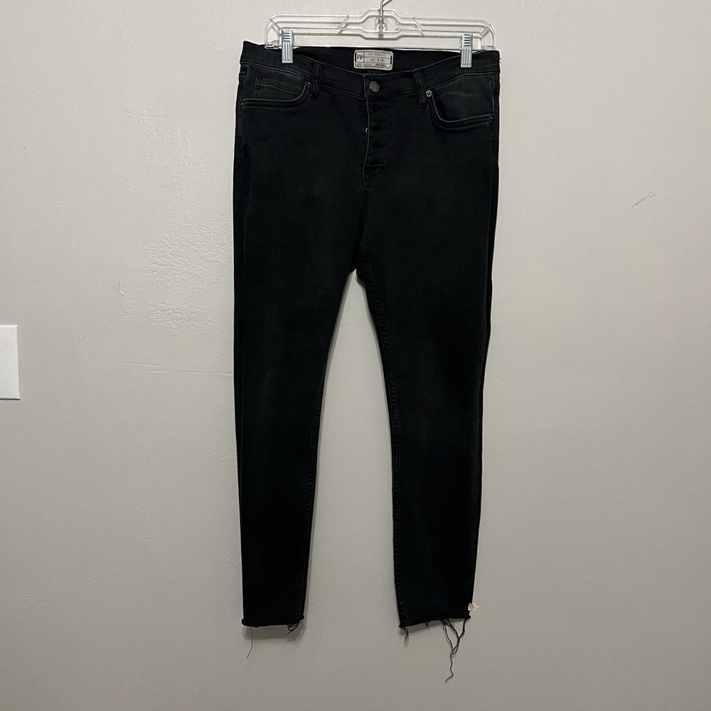 Free‎ People Women Sz 31 Black Skinny Denim Jeans Raw Hem Button Fly